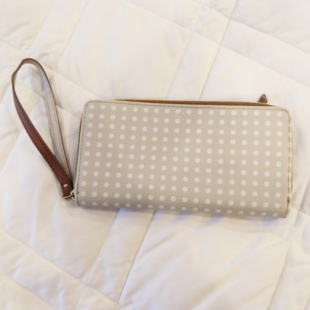 Relic Emma Wristlet Tan with White Polka Dots